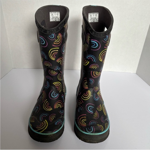 Bogs Wild Rainbows Rain Boots Waterproof Rubber Black Pink Kids Youth Size 2 - Picture 3 of 12